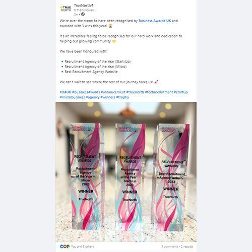 Social post from TrueNorth showing off their 3 award win trophies