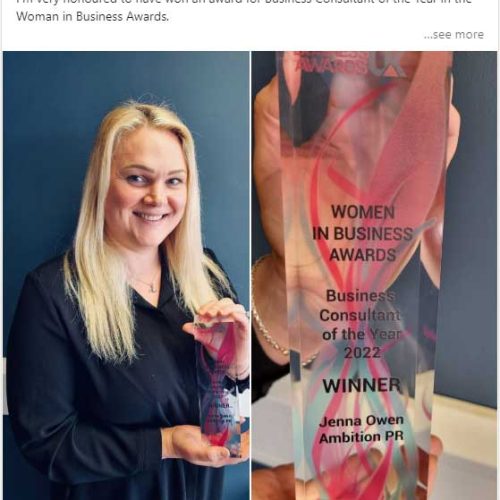 Image of Award Winner Jenna Owen with her Business Consultant of the Year award from the Women in Business Awards